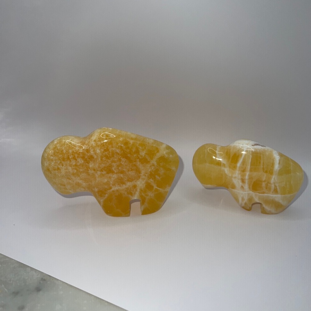 Native Zuni  Honey Calcite Classic Buffalo Fetish carving ,Set Of 2